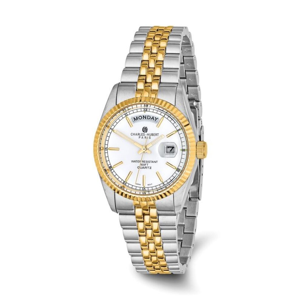 Charles Hubert Mens Two-Tone Silver-White Dial Panther Link Watch